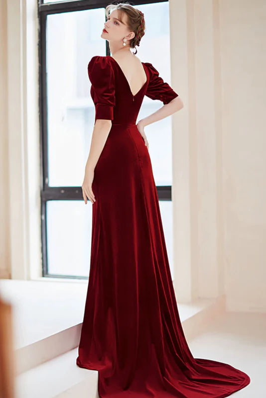 Wholesale Burgundy V-neck Short Sleeve Velvet Mermaid Long Formal Prom Dress